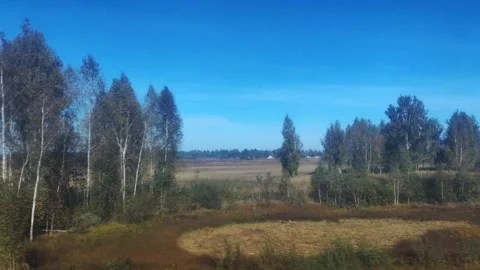 View from the train window of a beautiful landscape of fields and blue sky in Stock Footage 297255679