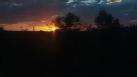 A view from a train window of a forest, trees, and the setting sun moving Video stock 317812894