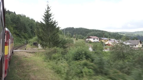 View from train window going through Slovakia Stock Footage 92420335