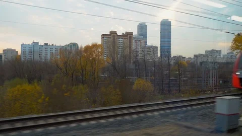 View from the train window on the Moscow landscape and oncoming trains Stock Footage 118548226