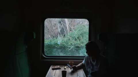 View from train window in motion - sun shines through luxury carriage Stock Footage 180059525