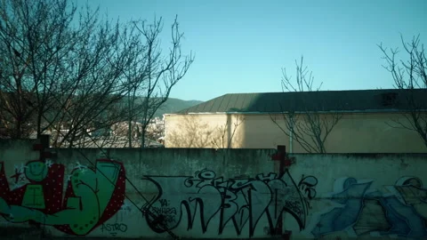 View from train window in motion - sun shines graffiti on the fence Stock-Footage 180078662