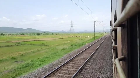 View from train window for moving train. Green landscape in moving Train. Stock Footage 201379347