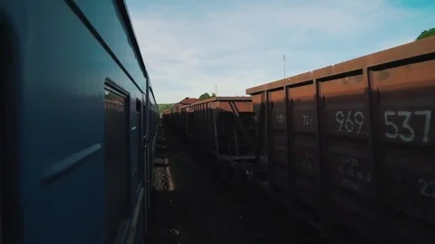 View from the train window to the oncoming train Stock Footage 76250399