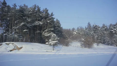 View from the train window passing by the village in winter Stock Footage 104701505