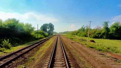 View from the train window on the rails going into the distance Vídeo Stock 220618109
