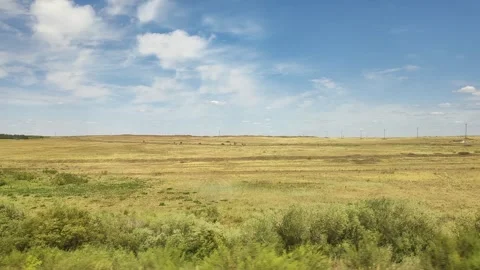 View from the train window, steppe, dry grass, bushes. Stock Footage 287297934