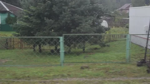 View from train window to village house, forest, grass, railway station, fence Stock Footage 282794622