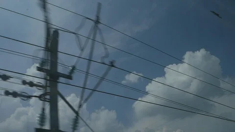 View from the train window on the wires of the train Stock Footage 105873312