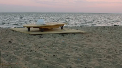 View of training device for surfers on sandy beach near sea Stock Footage 95939772