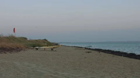 View of training device for surfers on sandy beach near sea Stock Footage 95939989
