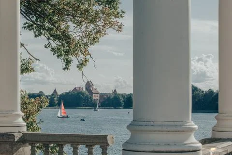 View of Trakai Castle through columns Stock Photos