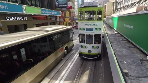 View from tram, back view vehicle shot, Hong Kong downtown street, tramway Stock Footage 170745393