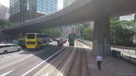 View from tram, back view vehicle shot, Hong Kong downtown, Queensway, Central Stock Footage 170769615