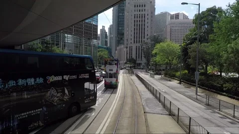 View from tram, back view vehicle shot, Hong Kong downtown, Queensway, Central Stock Footage 170769633