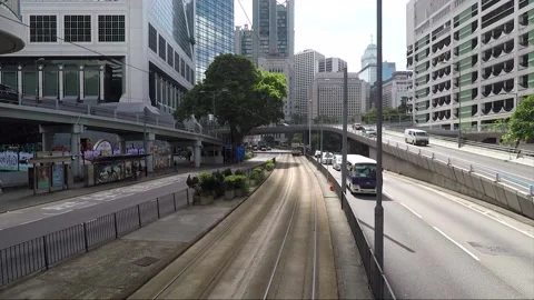 View from tram, back view vehicle shot, Hong Kong downtown, Queensway, Central Stock Footage 170769742