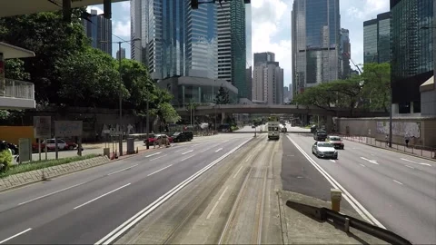 View from tram, back view vehicle shot, Hong Kong downtown, Queensway, Admiralty Stock Footage 170770338