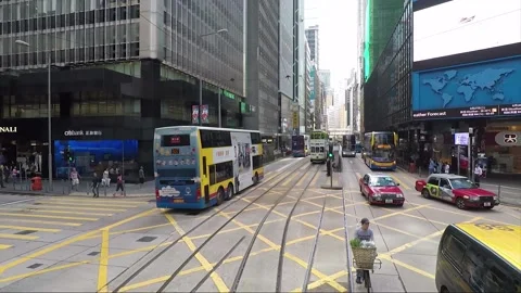 View from tram, back view vehicle shot, Hong Kong downtown street, tramway Stock-Footage 170772358