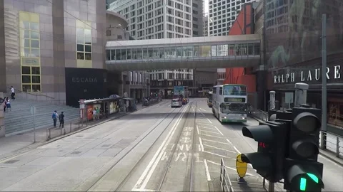 View from tram, back view vehicle shot, Hong Kong downtown street, tramway Stock Footage 170772549