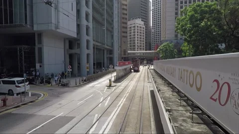 View from tram, back view vehicle shot, Hong Kong downtown street, Queensway Stock Footage 170774236