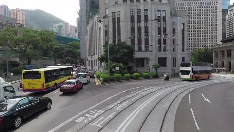 View from tram, back view vehicle shot, Hong Kong downtown street, Queensway Stock Footage 170774379