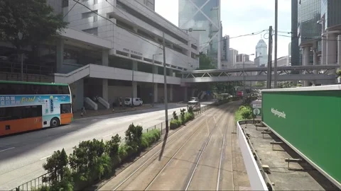 View from tram, back view vehicle shot, Hong Kong downtown, Queensway, Admiralty Stock Footage 170774562
