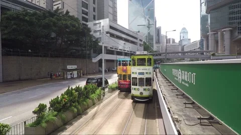 View from tram, back view vehicle shot, Hong Kong downtown, Queensway, Admiralty Stock Footage 170791691
