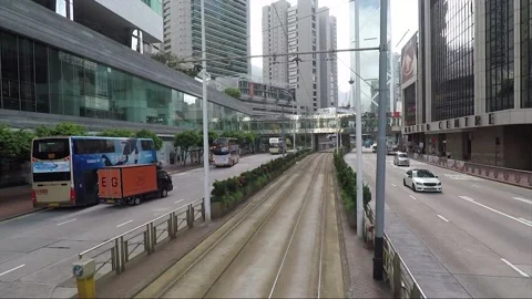 View from tram, back view vehicle shot, Hong Kong downtown, Queensway, Admiralty Stock Footage 170791748