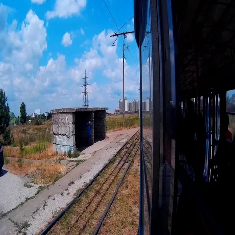 View from tram car on spring suburb, filmed on action camera Stock Footage 69484485