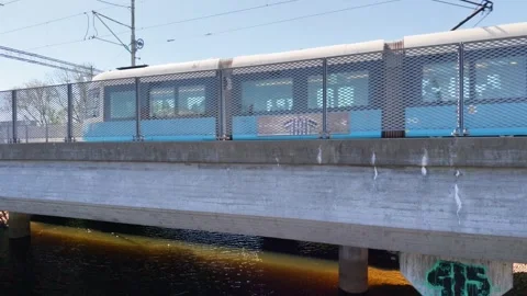 View of tram on Gamlestaden bridge in Gothenburg, Sweden. Video stock 343683760