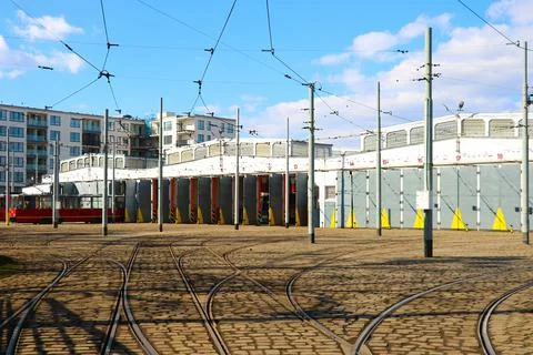 View of the tram tracks of urban green transport. Safe transportation. Stock Photos