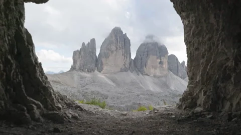 View Tre Cime di Lavaredo/ Drei Zinnen from a cave Stockbeeldmateriaal 150369207