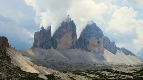 View of Tre Cime di Lavaredo mountain  in the Dolomites, Italy Stock Footage 258676340