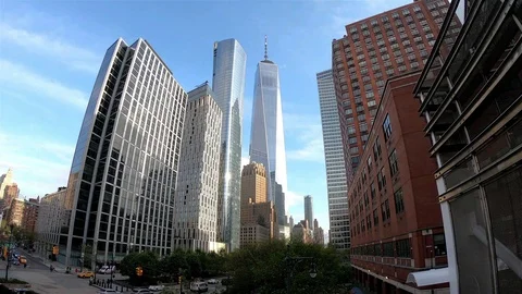 View from Tribeca near BMCC are with One World Trade Center and other buildings Stock Footage