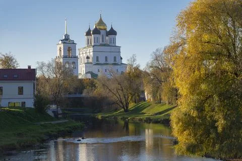 View of the Trinity Cathedral and Bell tower from the Pskova River Stock Photos