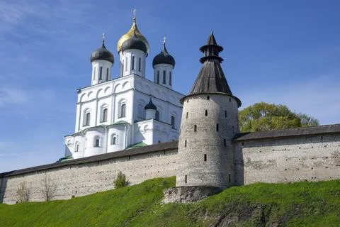 View of the Trinity Cathedral and the Middle Tower in the Kremlin of Pskov Stock Photos