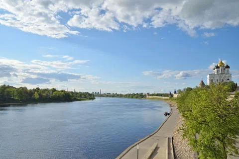 View of Trinity Cathedral and the river Great Olginsky bridge Stock Photos