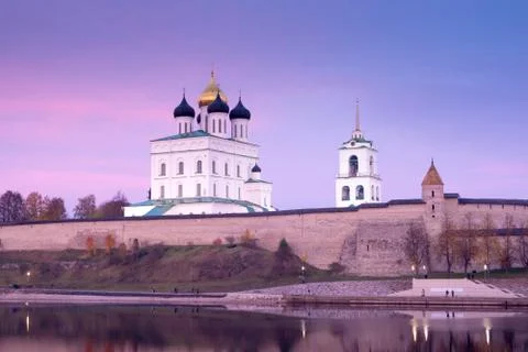 View of the Trinity Cathedral in the Pskov Kremlin at sunset. Russia Stock Photos