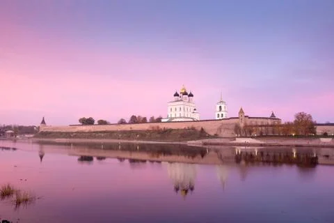 View of the Trinity Cathedral in the Pskov Kremlin at sunset. Russia Stock Photos