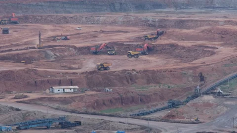 View of Trucks and excavators work in open pits in lignite coal mines. Stock Footage 194531041