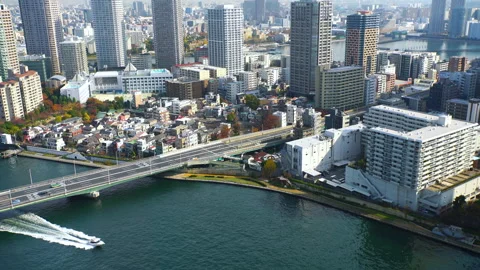 View of the Tsukuda Apartment Complex, Sumida River, Tsukuda Bridge, and Cruiser Stock Footage 330939713