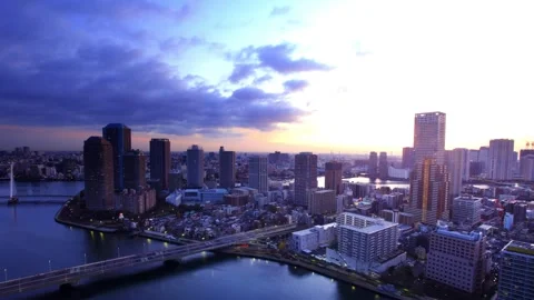 View of the Tsukuda Apartment Complex, Sumida River, and Tsukuda Bridge from Video stock 333181839