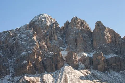 View on the Tullen mount in Val di Funes, Dolomites after an autumnal storm Stock Photos