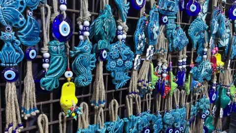 View of Turkish evil eye earrings in display at a store. Stock Footage 299890787