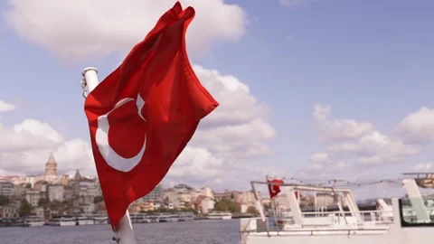 View of Turkish flag and blurred background of Istanbul, Stock Footage 258494566