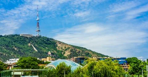 View on TV Broadcasting Tower on Mtatsminda Hill in Tbilisi, Georgia Stock Photos