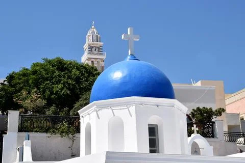 View of two bell towers of different religions in Fira (Thira) Santorini 스톡 사진