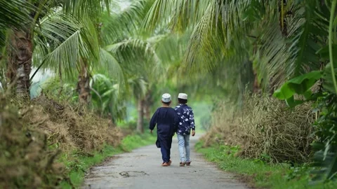 View of two boys walking on a path through palm trees, Bangladesh. Video stock 334991512