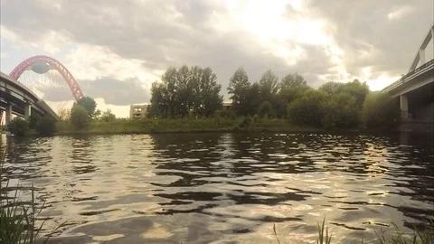 View Of two bridges From The River bank In Summer Timelapse Stockbeeldmateriaal 82051969