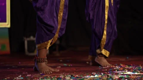 View of two dancers performing Indian classical dance with ankle bells rhyt.. Video stock 332915912